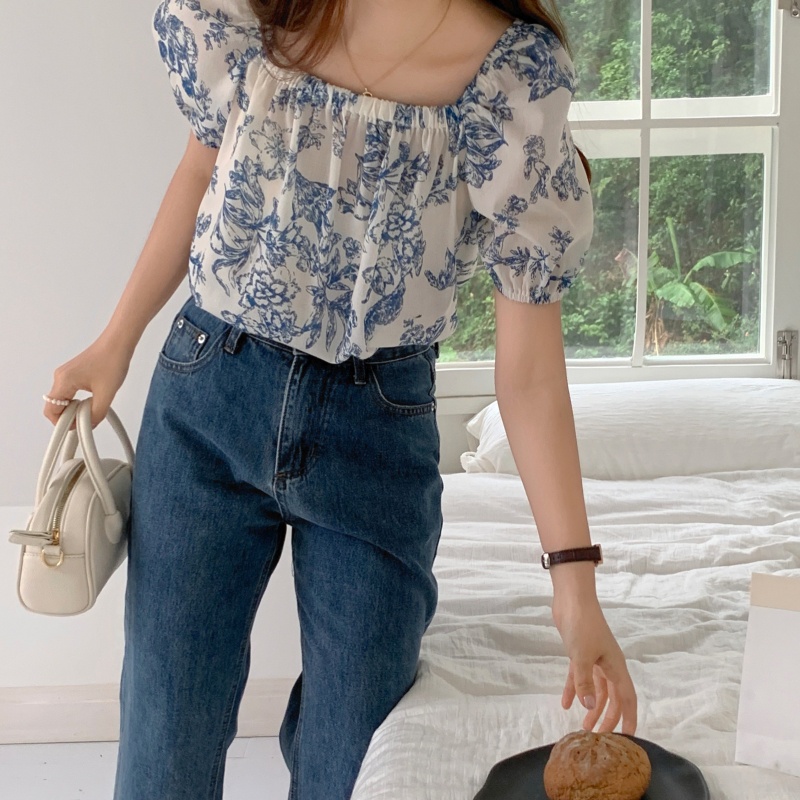 SUXI Áo Sơ Mi Trễ Vai Dáng Rộng In Họa Tiết Thời Trang Hàn Quốc Cho Nữ