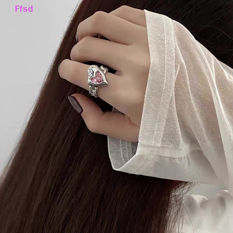 Nhẫn Mặt Trái Tim Đính Đá Pha Lê Hồng Phong Cách Harajuku 90s EMO Y2K Thời Trang Cho Nữ