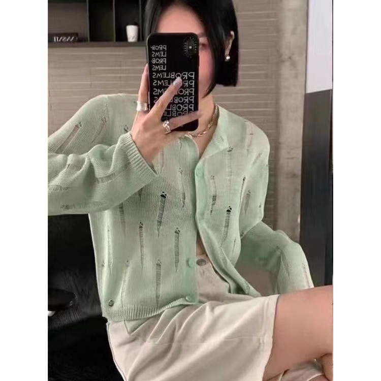 Áo Khoác Cardigan Dệt Kim Tay Dài Chống Nắng Thiết Kế Đục Lỗ Thời Trang Mùa Hè