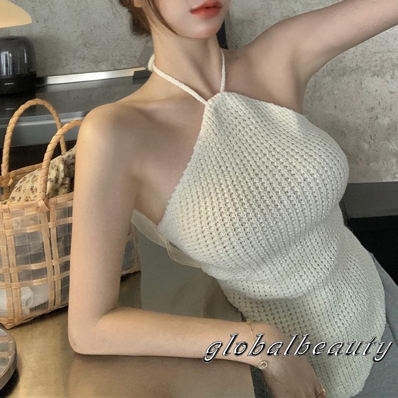 Áo Hai Dây Dệt Kim Hở Lưng Màu Sắc Trơn Thời Trang Mùa Hè Cho Nữ