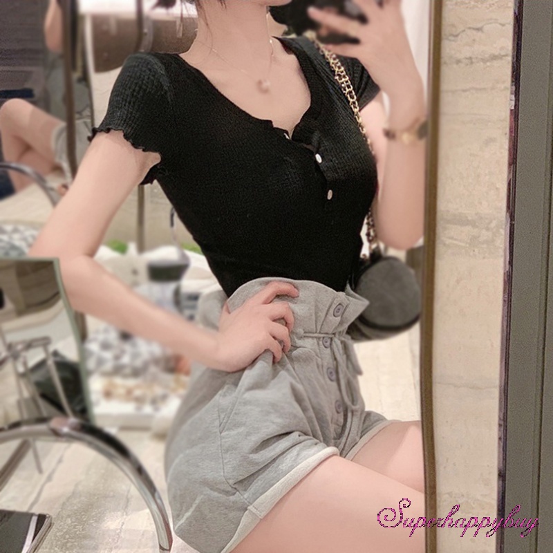 Áo Dệt Kim Tay Ngắn Cổ Chữ V Khoét Sâu Màu Trơn Dễ Thương Thời Trang Mùa Xuân Cho Nữ
