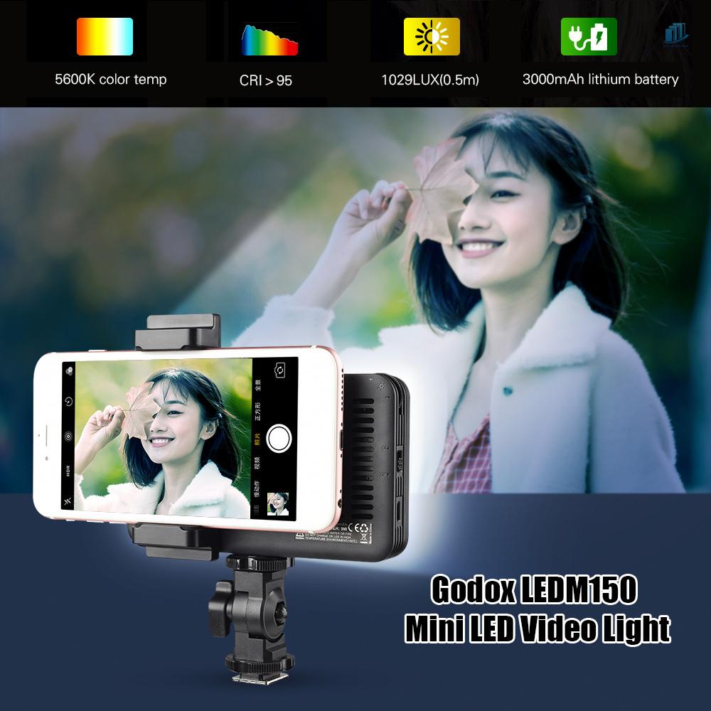 Đèn LED Godox LEDM150 Mini 5600K CRI 95 + Với Giá Đỡ Điện Thoại Điều Chỉnh Được Độ Rộng 5.5-8.5cm