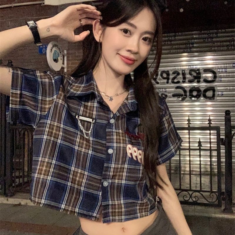 COZOK Áo Sơ Mi Ngắn Tay Dáng Ôm Hoa Văn Kẻ Ô Phong Cách vintage Thời Trang