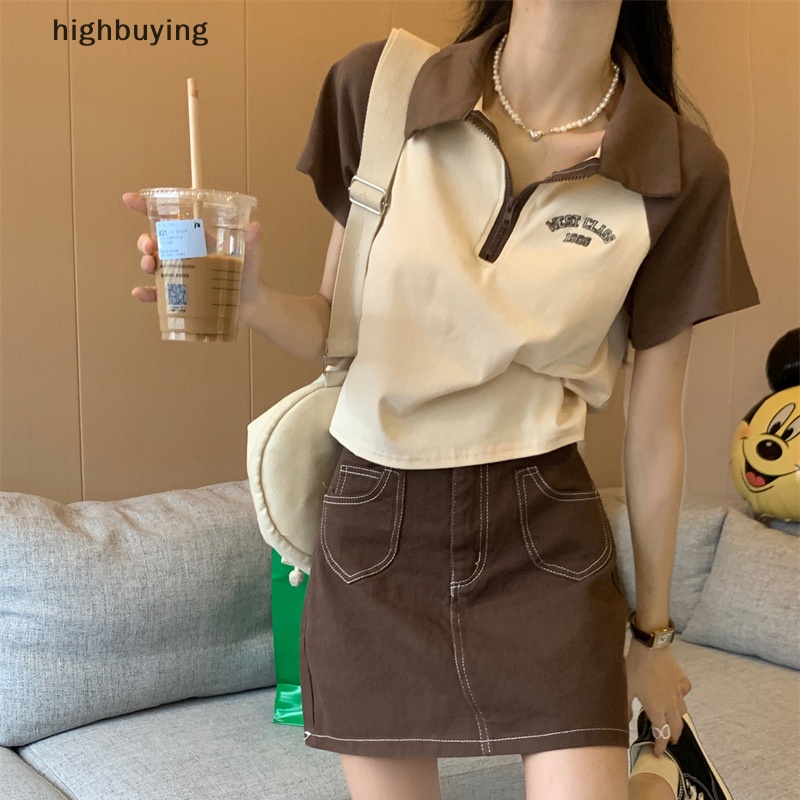 Áo Thun Lửng Tay Ngắn Màu Sắc Tương Phản Phong Cách Retro Cho Nữ