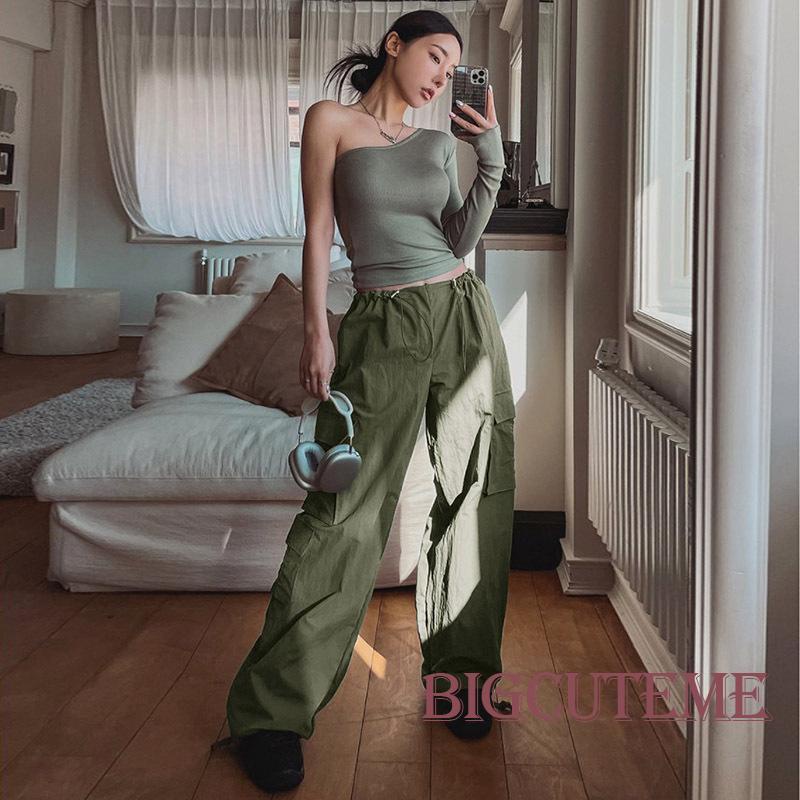 [] - Quần Baggy Dáng Rộng Lưng Vừa Màu Trơn Có Túi Và Dây Rút Cho Nữ