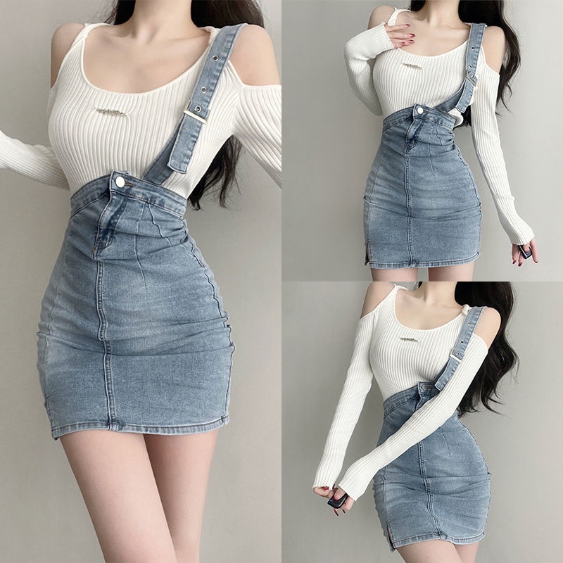 Set Áo Len Trễ Vai + Chân Váy Màu Trơn Thời Trang Dành Cho Nữ