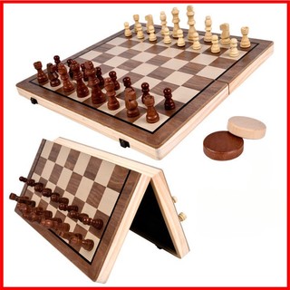 Bộ cờ vua gỗ 39cm gấp gọn tiện lợi, cờ vua gỗ nam châm tặng kèm 2 hậu và 24 quân cờ đam checkers