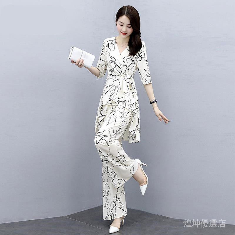Hàng Có Sẵn Miễn Phí Vận Chuyển Bộ Áo Vest Ngắn Tay + Quần Ống Rộng Lưng Cao Size Lớn Phong Cách Hàn Quốc