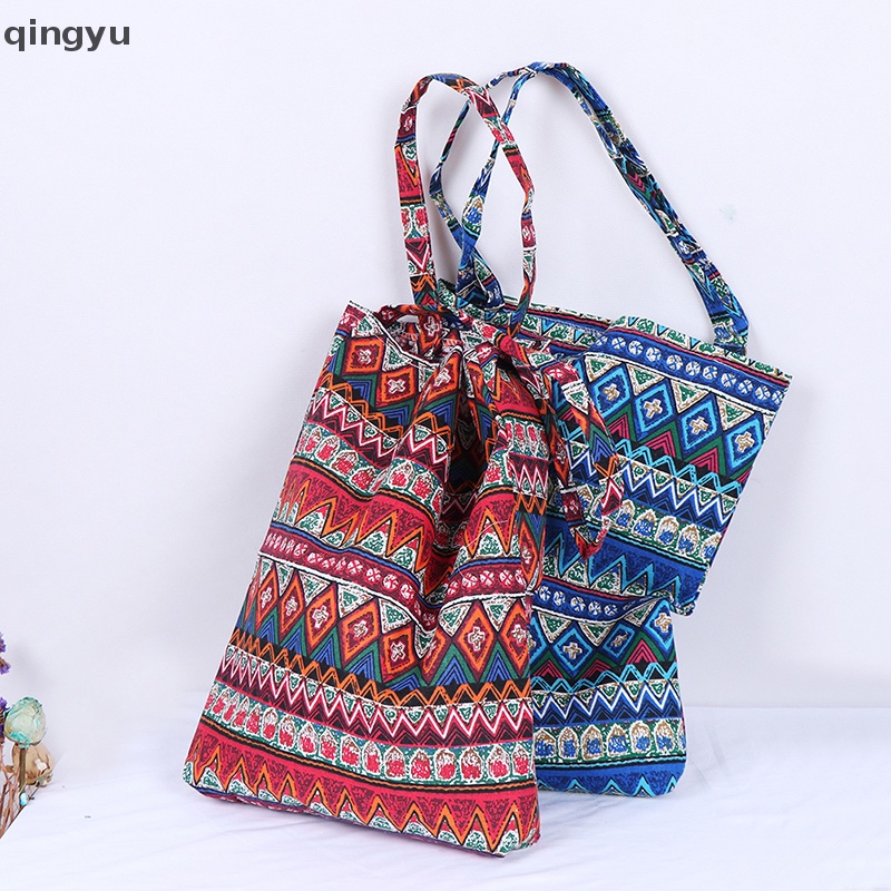 Qingyu Túi tote canvas Đeo Vai Phong Cách Dân Tộc Thân Thiện Với Môi Trường Dùng Khi Đi Mua Sắ