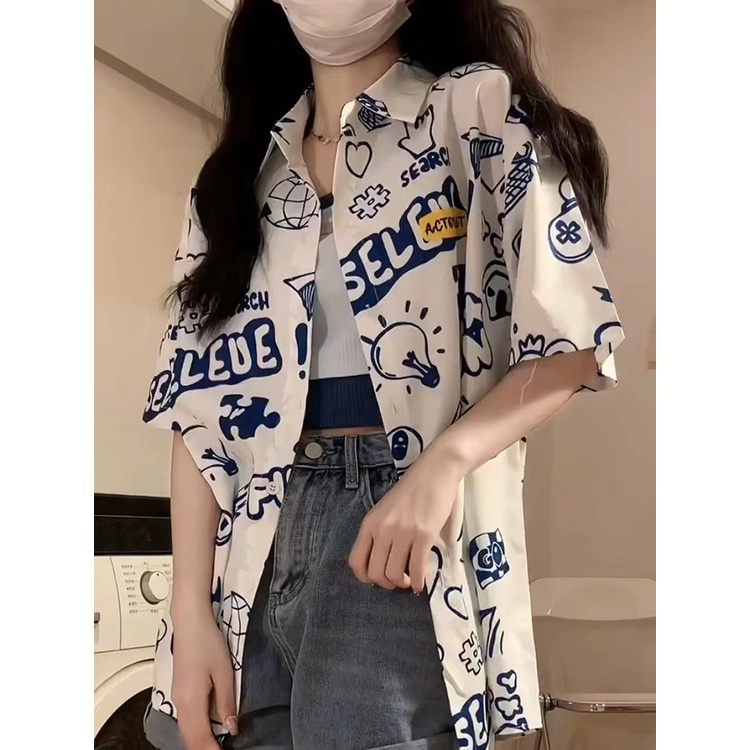 NRVP Áo Sơ Mi Nữ Ngắn Tay In Họa Tiết Độc Đáo Phong Cách Hàn Quốc Mới