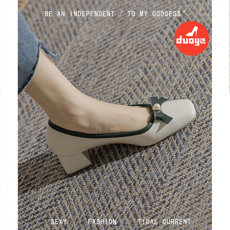 Giày Cao Gót Da Mềm Dày Mũi Vuông Đính Ngọc Trai Thời Trang Xuân Hè 2022 Cho Nữ