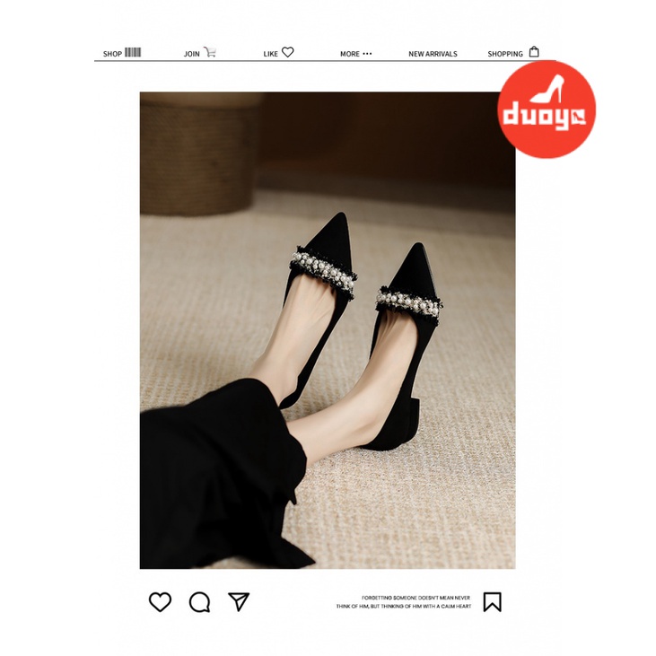 Duoya Tóc Thẳng ~ [Hàng Có Sẵn] Giày Búp Bê Mũi Nhọn Gót Thấp Dày Dặn Đính Ngọc Trai Thanh Lịch Cho Nữ Miễn Phí Vận Chuyển