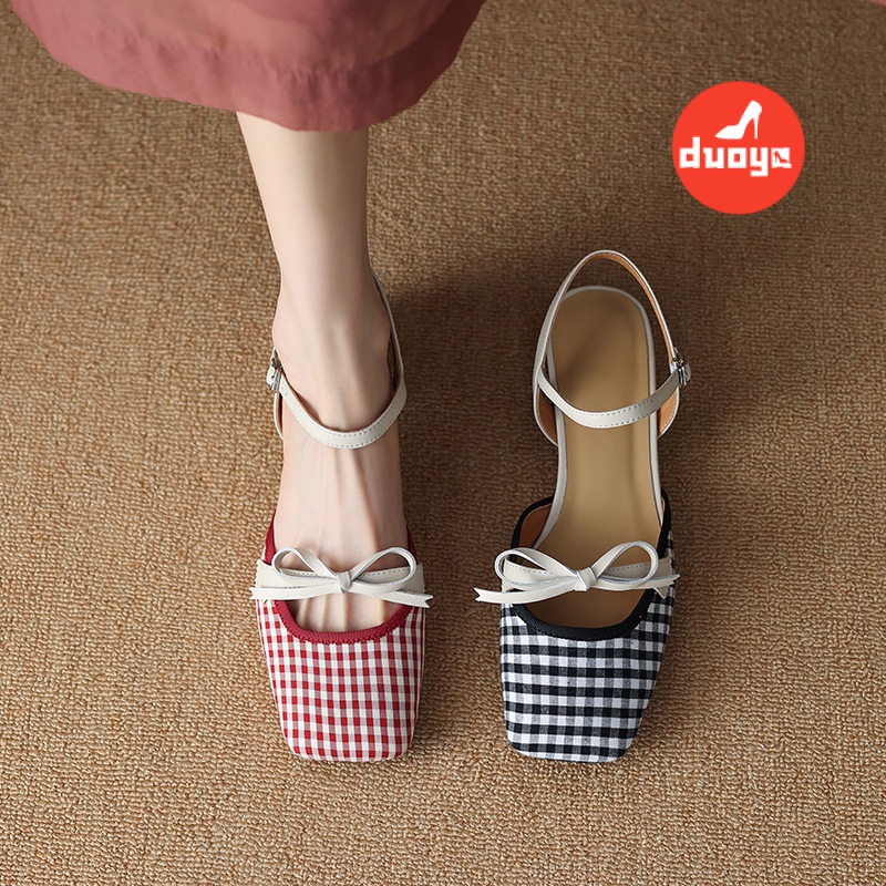 Duoya Tóc Thẳng ~ [Hàng Có Sẵn] Giày Sandal Hở Ngón Gót Dày Hở Ngón Bằng Vải ~ Hàng Có Sẵn Ngọt Ngào Cho Nữ Miễn Phí Vận Chuyển