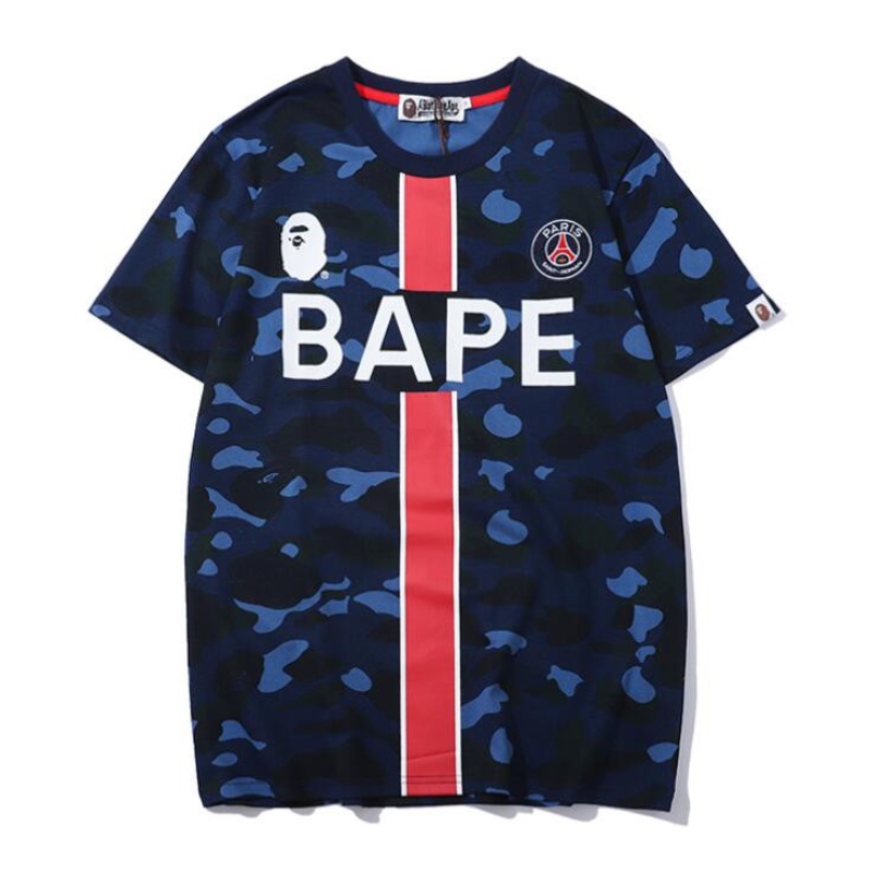 BAPE Hàng Có Sẵn Áo Thun Cotton Tay Ngắn Dáng Rộng Màu Xanh Lam In Chữ Paris Saint-Germain Cho Cặp Đôi