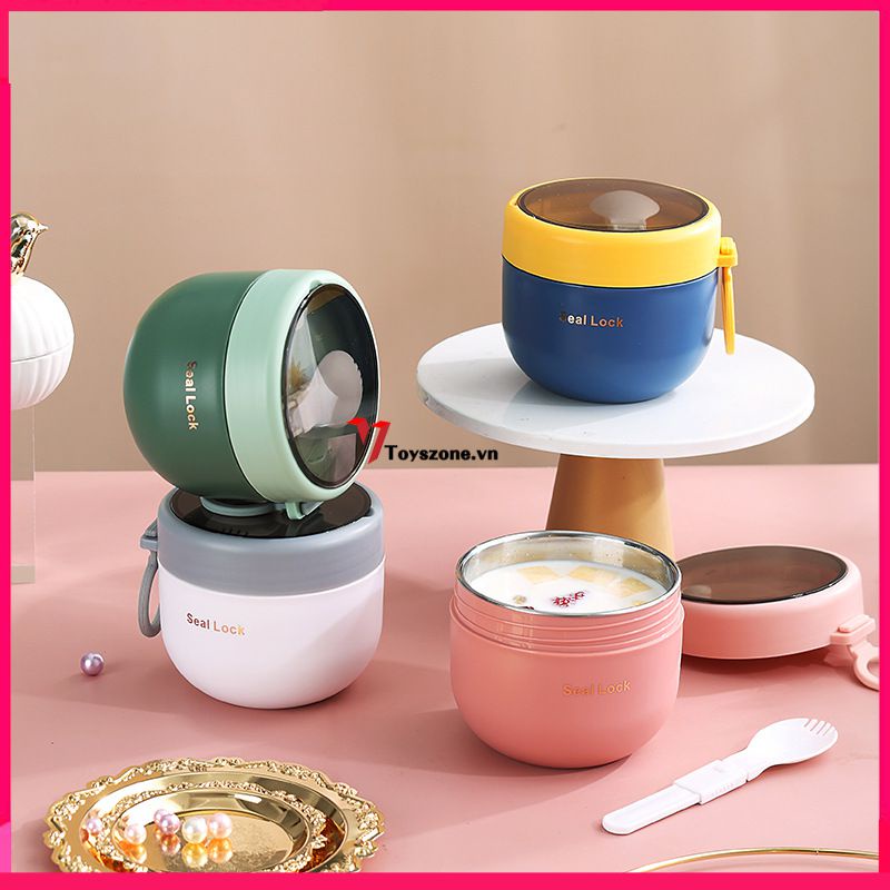 Bình Đựng Súp Bằng Thép Không Gỉ 304 Cách Nhiệt 800ml Kèm Muỗng Có Thể Dùng Trong Lò Vi Sóng
