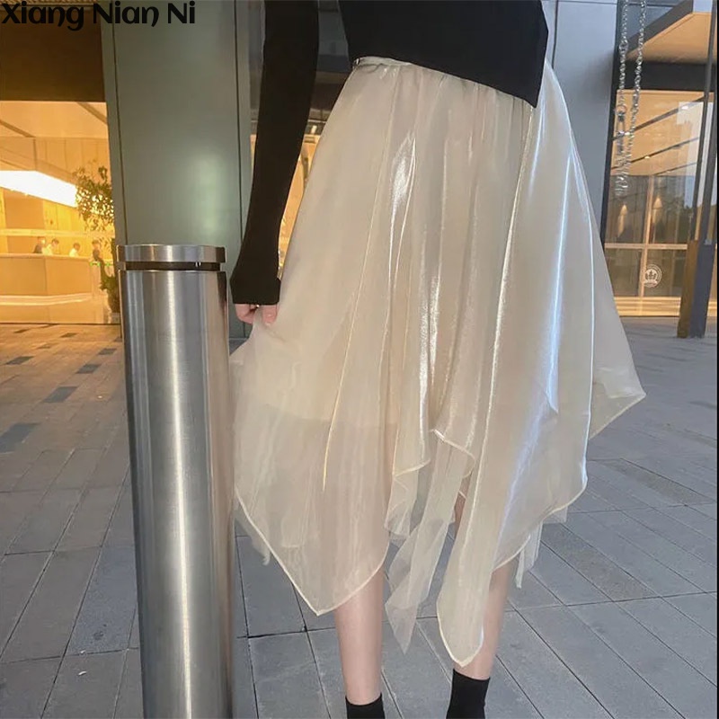 Chân váy chữ A XIANG NIAN NI lưng cao màu trơn phong cách Pháp thời trang cho nữ