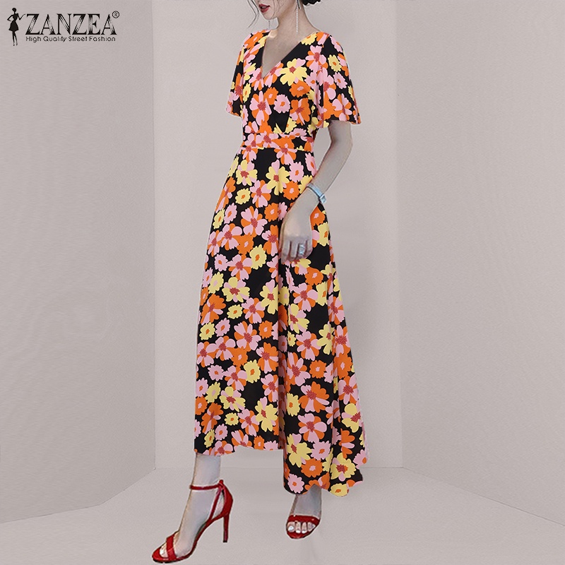 Đầm ZANZEA ngắn tay cổ chữ V in hoa thời trang cho nữ