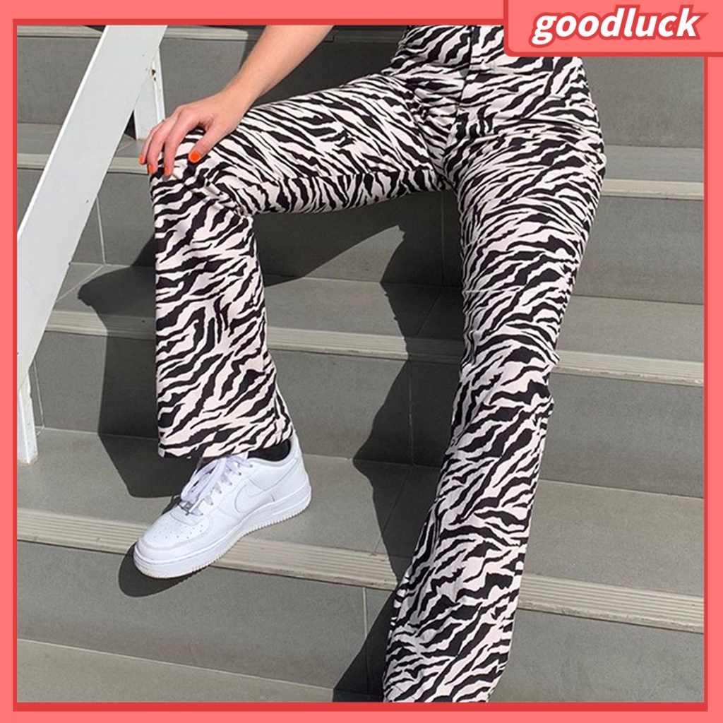 Quần Dài Lưng Cao Dáng Suông Cài Nút In Họa Tiết Ngựa Vằn Cho Nữ