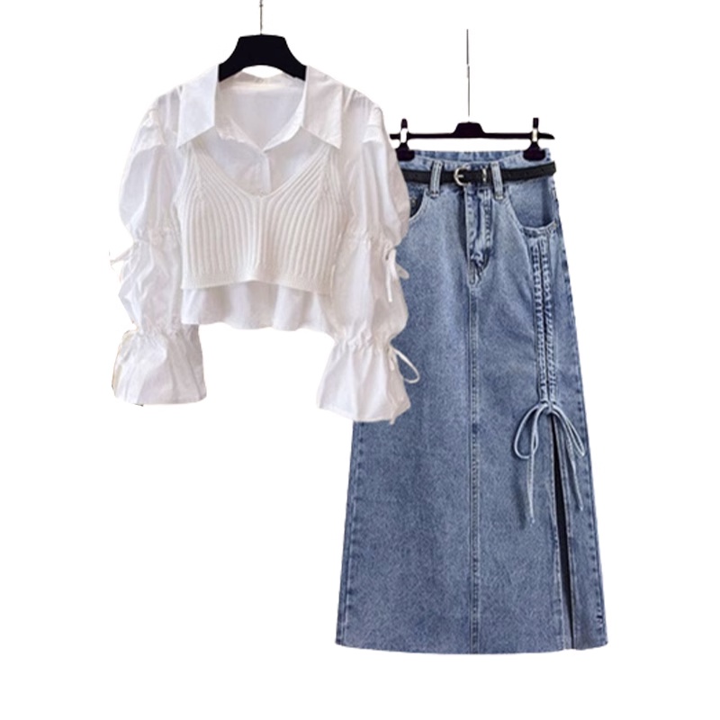 Set Áo Sơ Mi Phối Chân Váy Denim Ba Mảnh Thời Trang Xuân 2023 Mới Cho Nữ