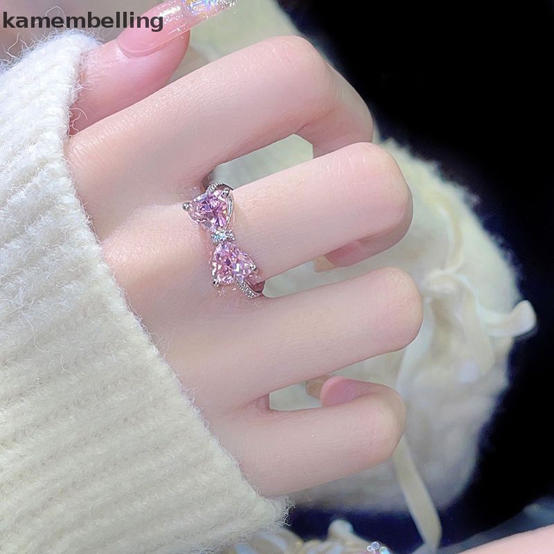 Kamembelling Nhẫn Đính Kim Cương Hình Nơ Màu Hồng Dễ Thương Có Thể Điều Chỉnh Làm Quà Tặng Sinh Nhật Cho Nữ