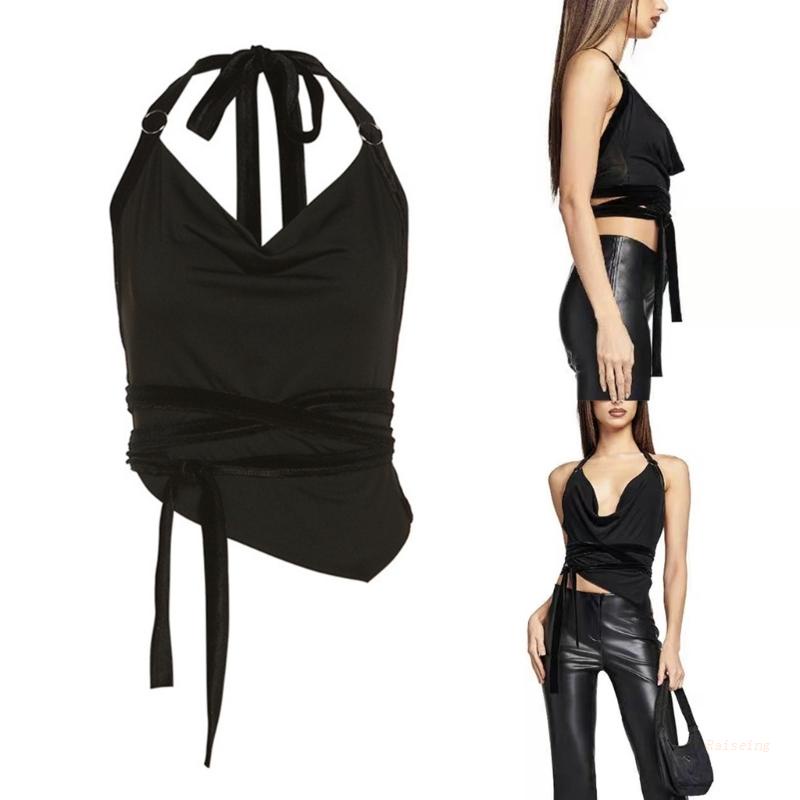 Áo Croptop Sát Nách Hở Lưng Cổ Chữ V Màu Trơn Cột Nơ Xinh Xắn Thời Trang Cho Nữ