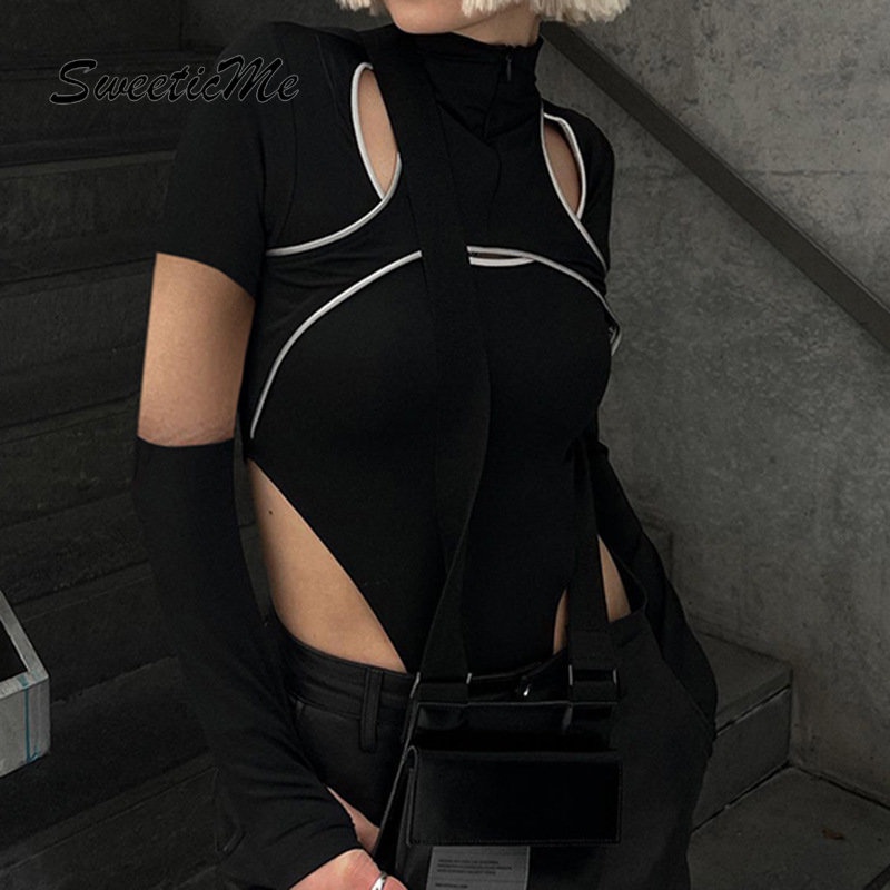 Bộ Áo Liền Quần Cổ Rùa Khoét Lỗ Có Khóa Kéo Màu Tương Phản Thời Trang Mới 2023 Cho Nữ