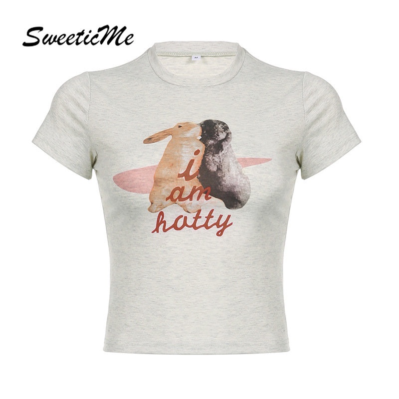 Áo Thun Tay Ngắn Cổ Tròn In Hình Thỏ Phối Màu Tương Phản Thời Trang 2023 Cho Nữ