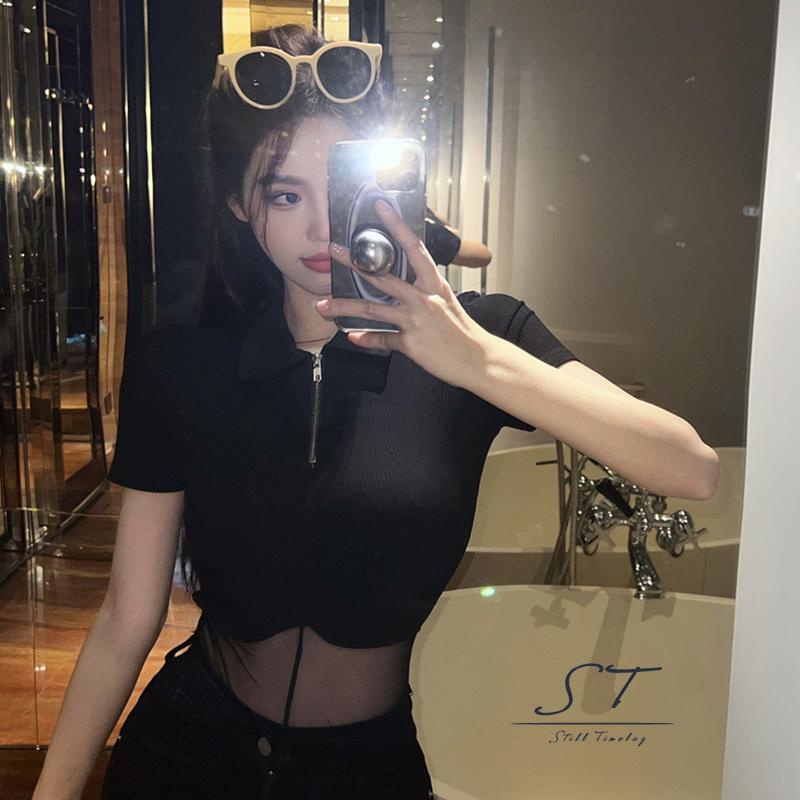 Bộ Áo Liền Quần Tay Ngắn Màu Trơn Phối Lưới Xuyên Thấu Có Khóa Kéo CY03 Thời Trang Cho Nữ