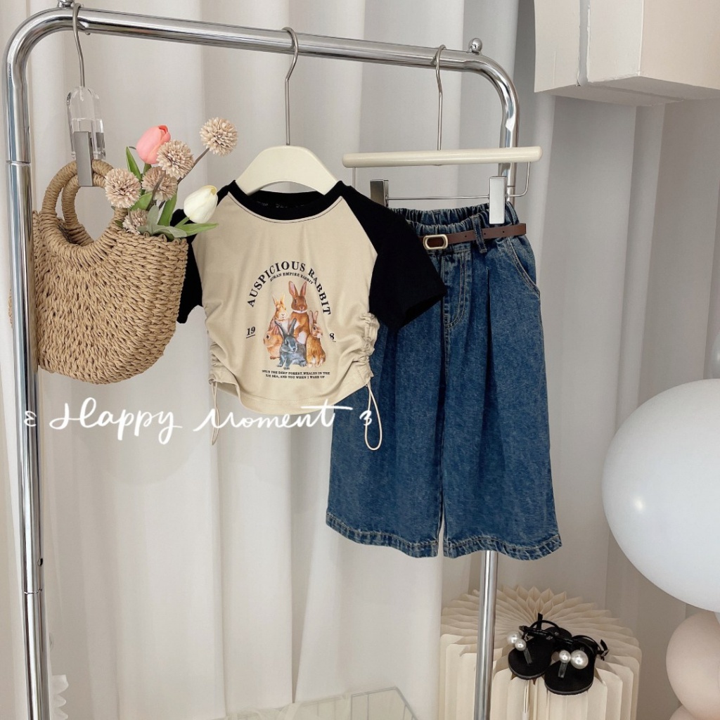 Bộ Áo Thun Tay Ngắn Cổ Tròn In Chữ Phối Quần Jean Ống Rộng Thời Trang Mùa Hè Hàn Quốc 2023 Mới Cho Bé Gái
