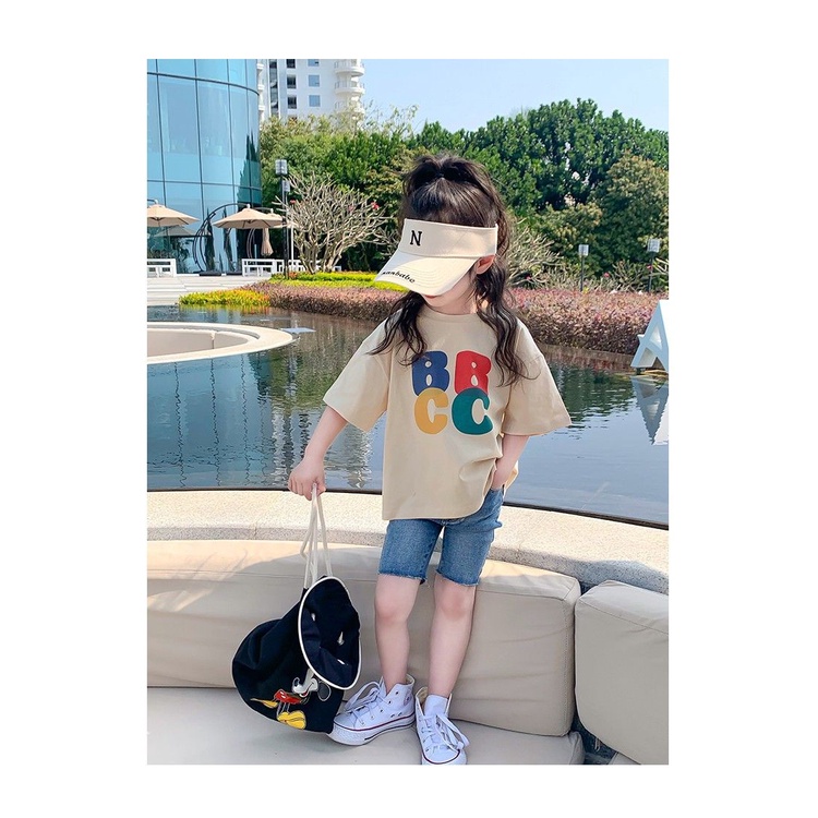 Áo Thun Cotton Ngắn Tay In Chữ Phong Cách Phương Tây Mẫu Mới 2023 Thời Trang Mùa Hè Cho Bé Gái