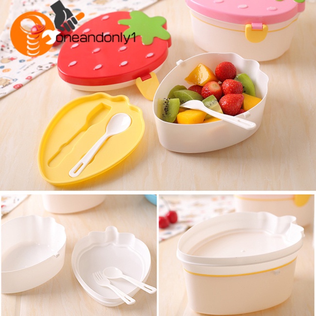 Hộp cơm 2 Tầng Cỡ Lớn Kèm Muỗng Nĩa Họa Tiết Dâu Tây Dễ Thương Cho Bé