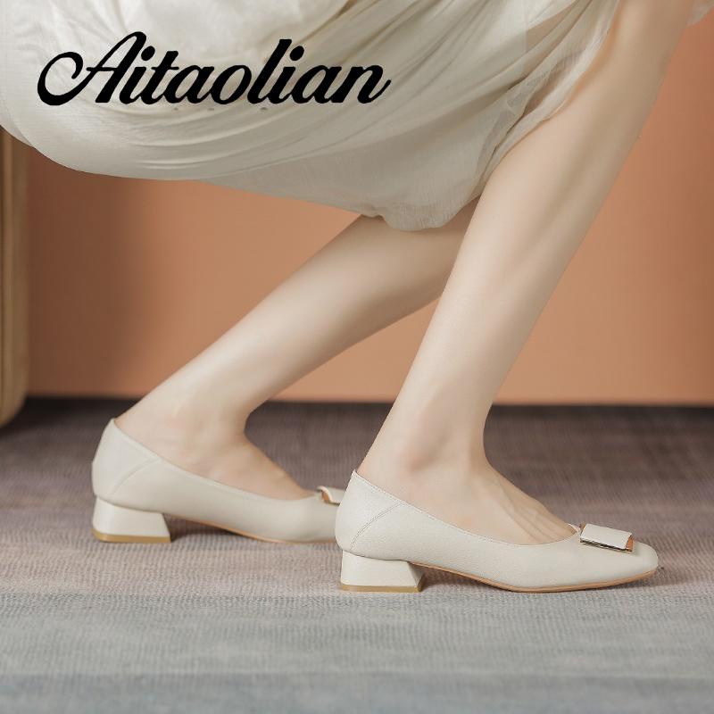 Giày Cao Gót 3cm Da Thật Mũi Vuông Kiểu retro Anh Xinh Xắn Cho Nữ