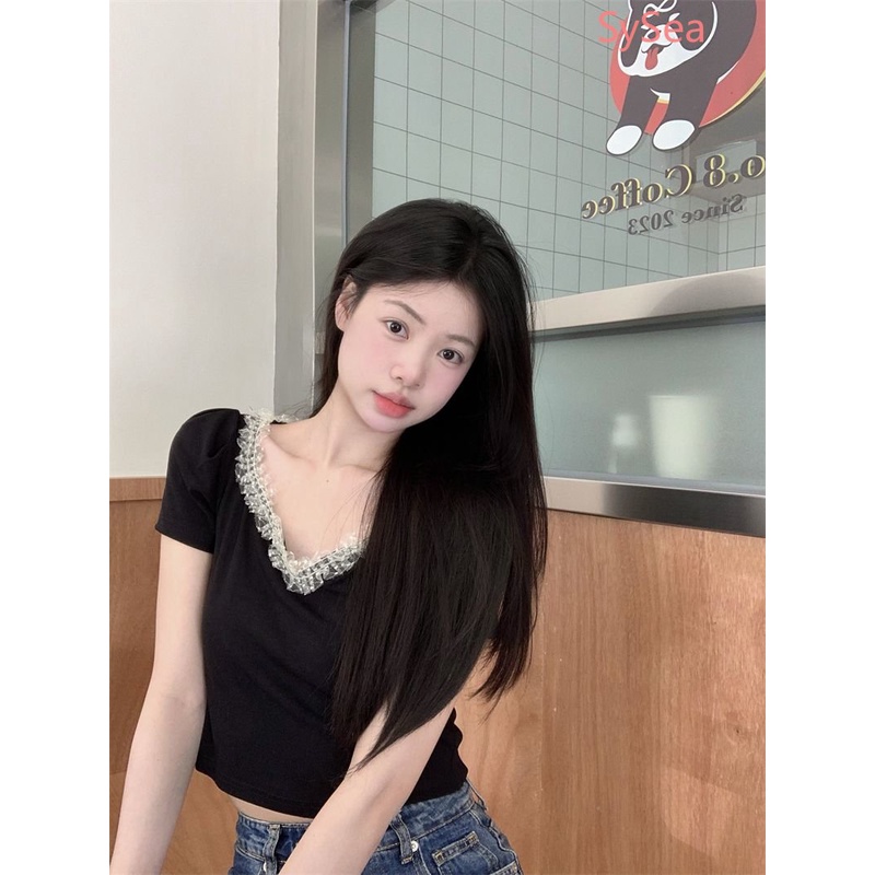 Áo Kiểu Cổ Vuông Phối Ren Thời Trang Mùa Hè Xinh Xắn Cho Nữ