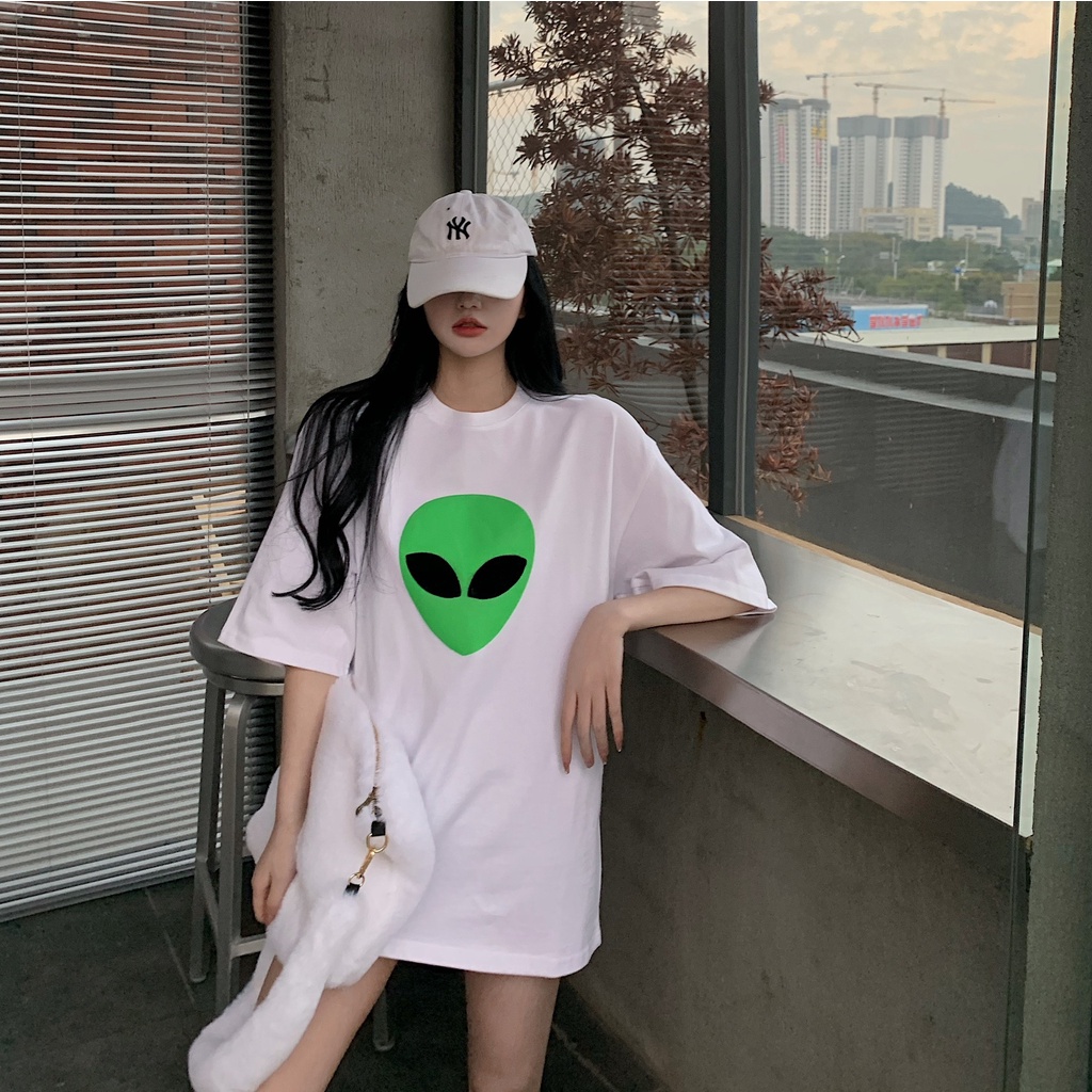 Áo Thun Ngắn Tay Dáng Rộng In Hình Người Ngoài Hành Tinh Xanh Lá Thời Trang Đường Phố Cho Cặp Đôi