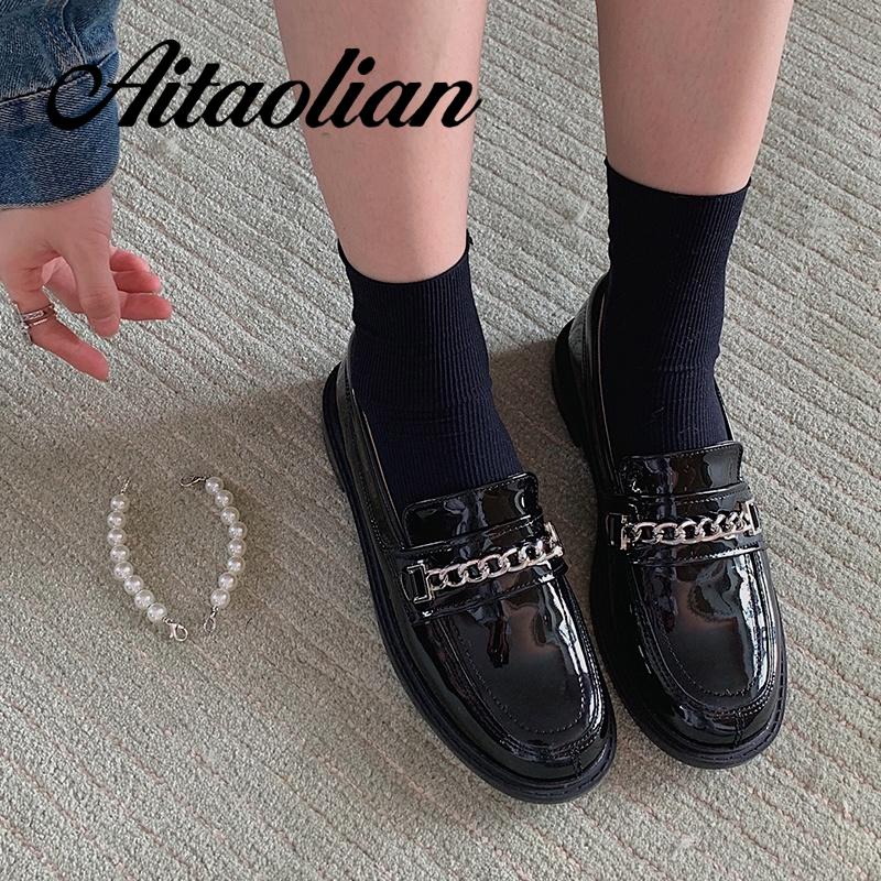 Giày Lười Da Bóng 3cm Mũi Tròn Phong Cách retro Anh Quốc Thời Trang