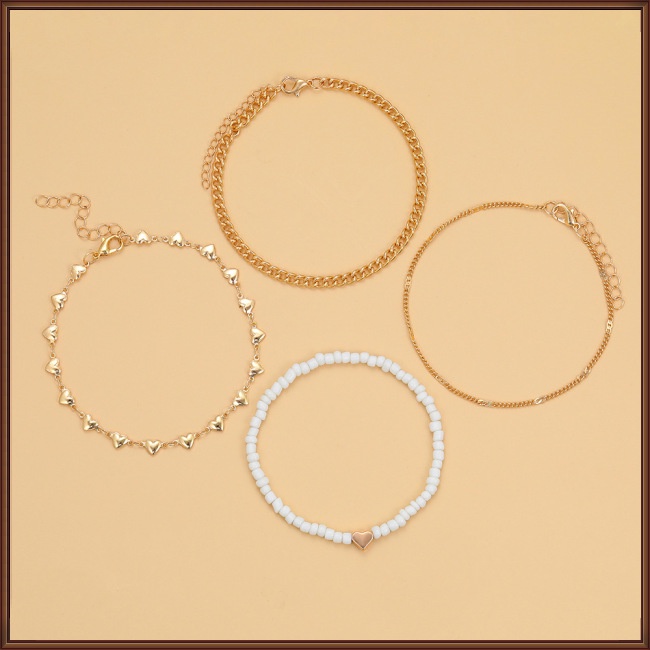 Set 4 Lắc Chân Nhiều Lớp Mặt Hình Trái Tim Phong Cách Retro Cho Nữ