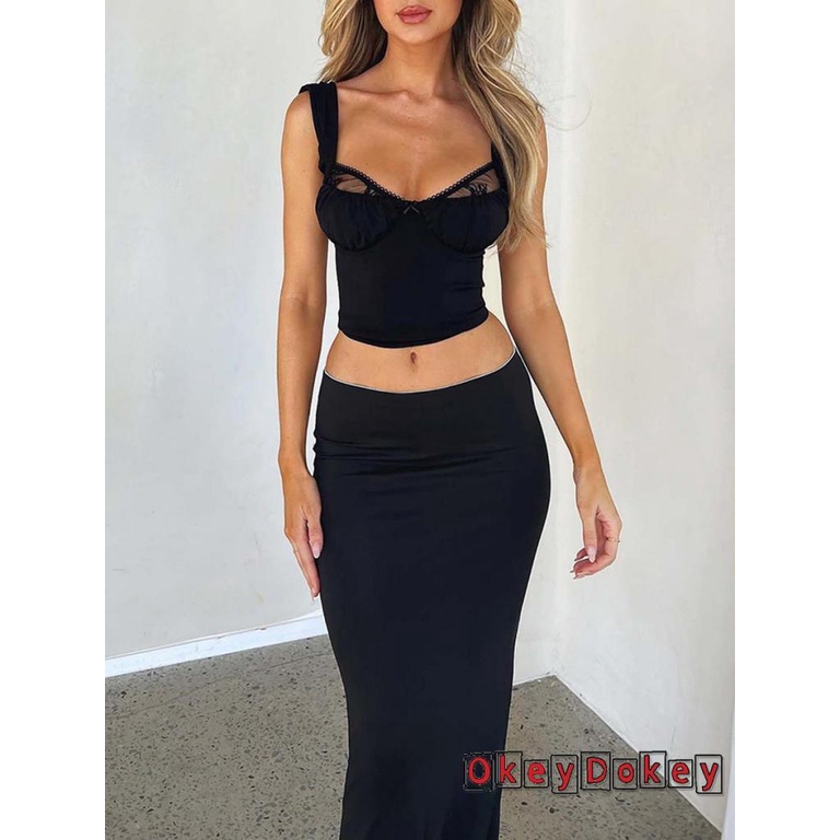 Bộ Áo Tank Top Hai Dây Hở Lưng + Chân Váy Dài Thời Trang Mùa Hè Cho Nữ
