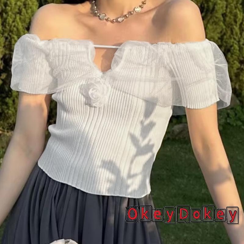 Áo Thun Tay Ngắn Hở Vai Màu Trơn In Họa Tiết Hoa 3D Dành Cho Nữ