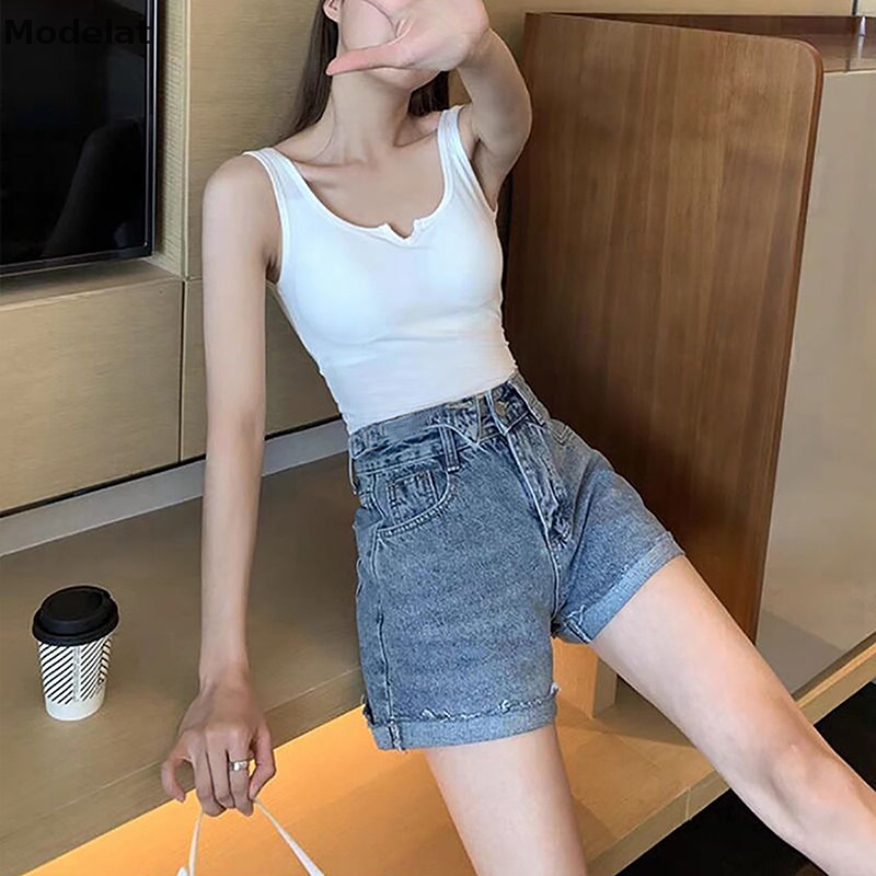 Quần Short Jean Lưng Cao Co Giãn Màu Trơn Đơn Giản Thời Trang Mùa Hè 2023 Phong Cách Hàn Quốc Cho Nữ