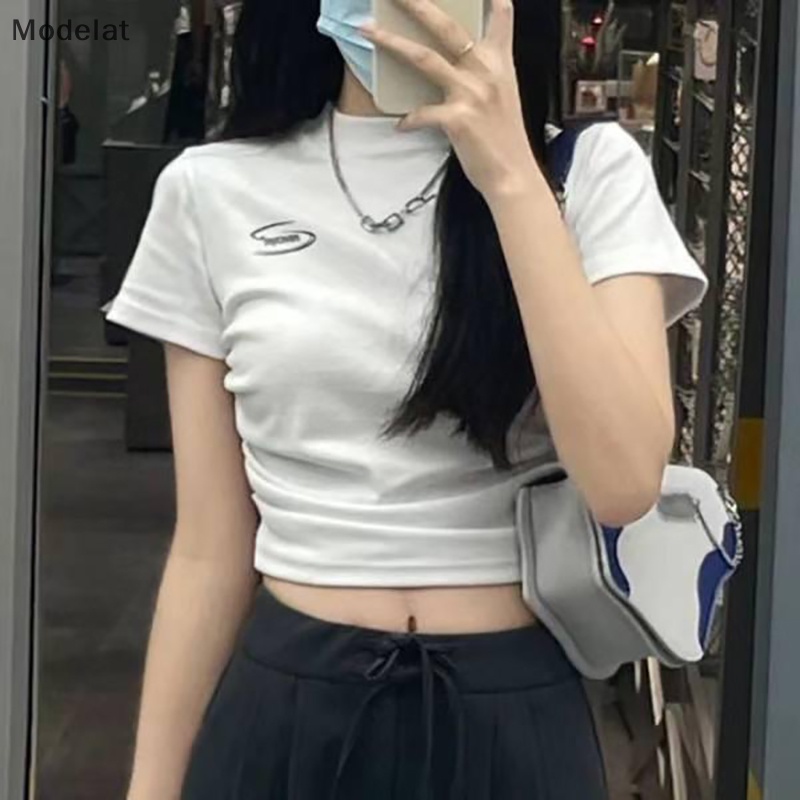 Áo Croptop Tay Ngắn Cổ Tròn In Chữ Quyến Rũ Thời Trang Cho Nữ