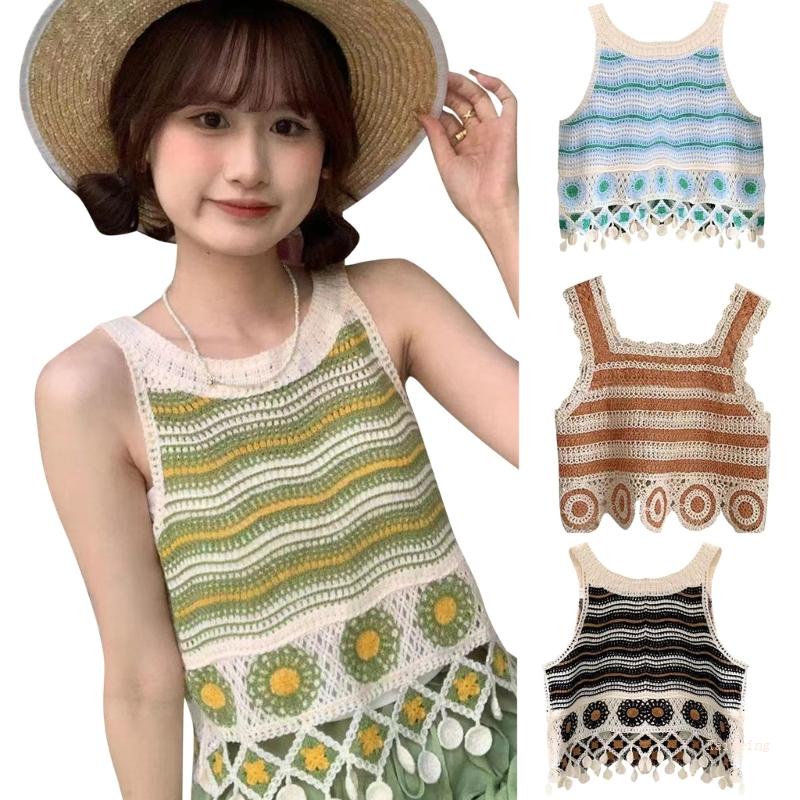 R Áo Không Tay Dệt Kim Dáng Rộng Vừa Vặn Họa Tiết Viền Rỗng Phối Tua Rua Cho Trường Học Hàng Ngày