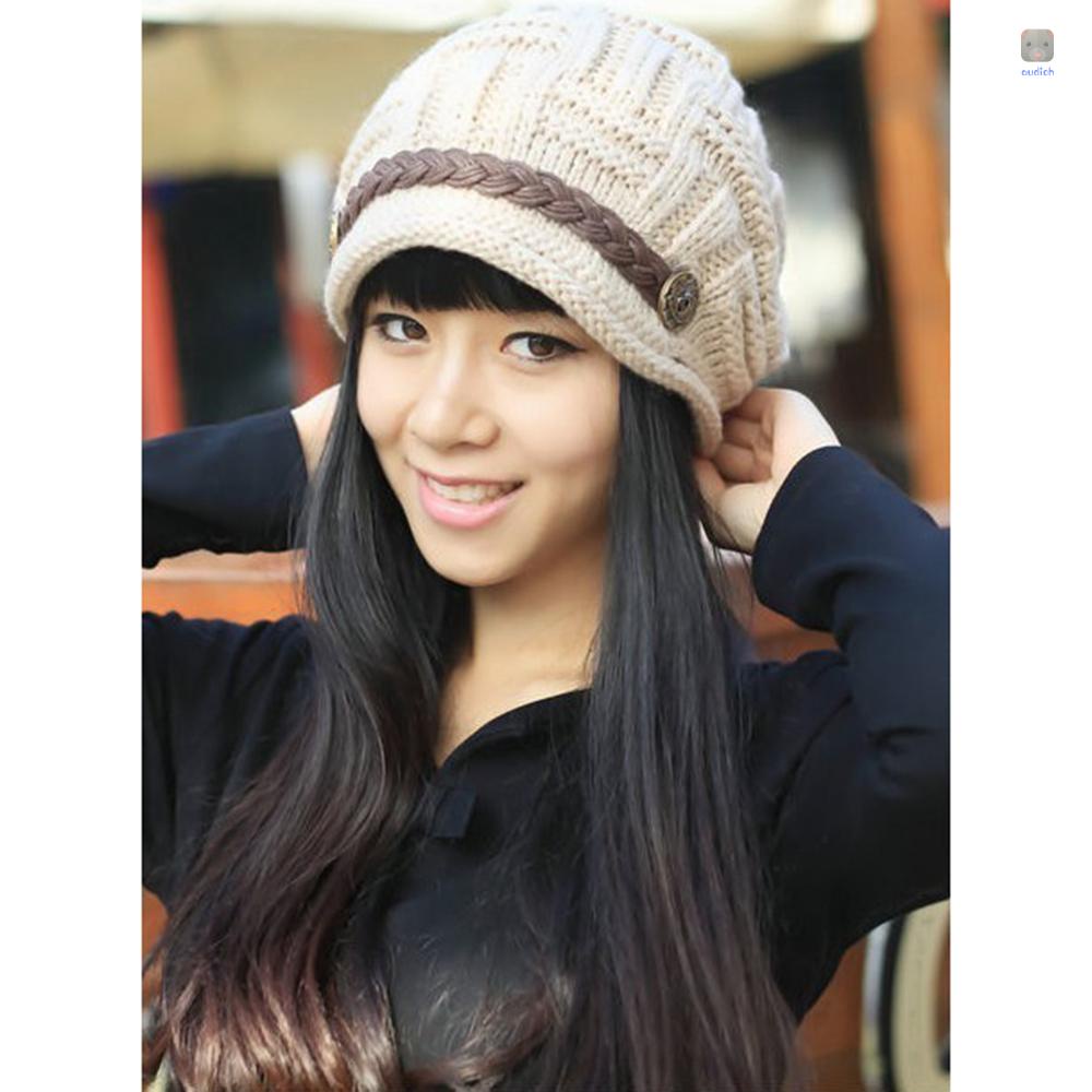 Mũ Len Beanie Dệt Kim Họa Tiết Kẻ Sọc Có Dây Thắt Lưng Bằng Da Thời Trang Mùa Đông Cho Nữ