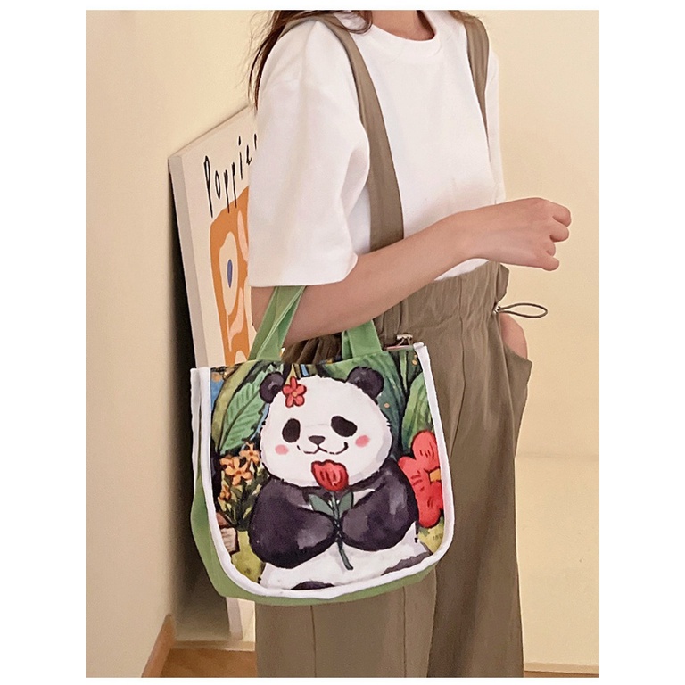 Túi Xách Canvas Họa Tiết Gấu Trúc Hoạt Hình Hàng Mới Dành Cho Học Sinh