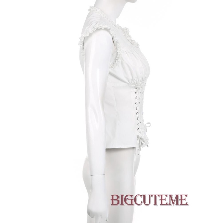 [] Áo Thun Nữ Cài Nút Xuống Cổ Tròn Tay Áo Thắt Dây Chéo Phía Trước Màu Trắng