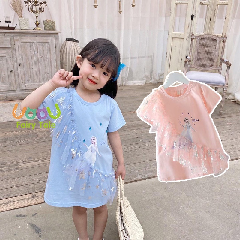 Đầm Thun Công Chúa Essa Tay Ngắn Phối Lưới Thời Trang Xinh Xắn Cho Bé Gái