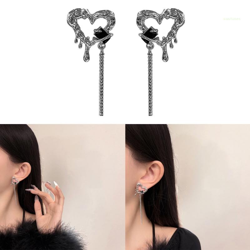 Bông Tai Hợp Kim Dáng Dài Hình Trái Tim Phối Tua Rua Thời Trang Dự Tiệc Cho Bạn Gái