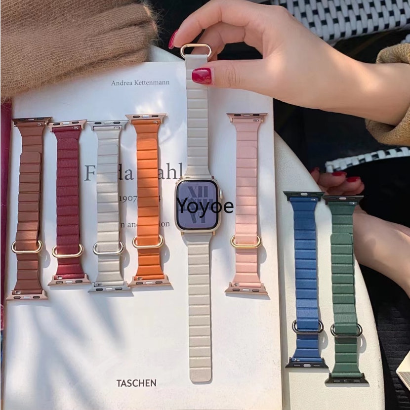 Dây Đeo Đồng Hồ Bằng Da Mỏng Từ Tính 45mm 41mm 44mm 42mm 38mm Cho iWatch Ultar 49mm 8 7 6 SE 5 4 3 2 1 40mm