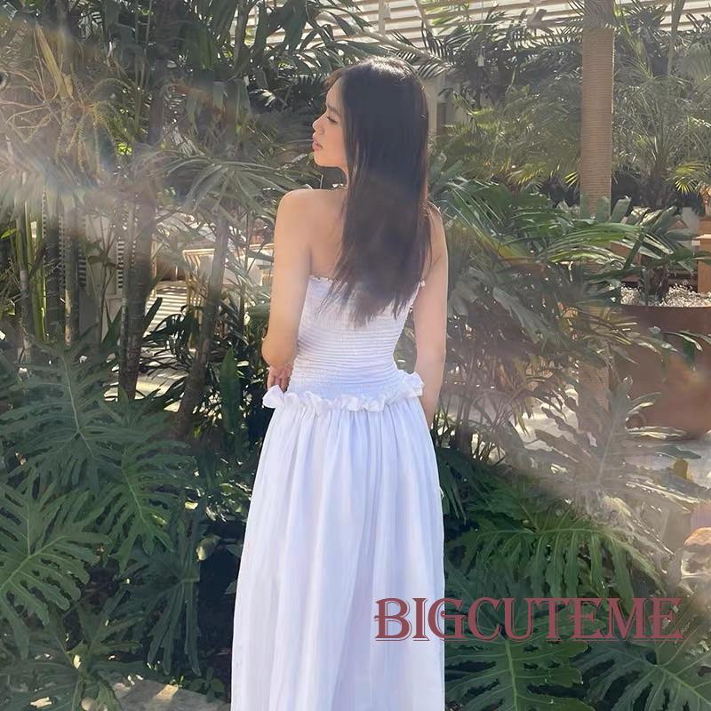 [] - Đầm Dài Dáng Chữ A Hở Lưng Cổ Thuyền Hở Lưng Nhún Bèo Màu Trơn Thời Trang Mùa Hè Dự Tiệc Cho Nữ