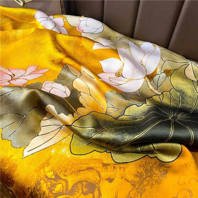 Khăn Choàng Lụa Chống Nắng Dáng Dài Cỡ Lớn 180 X 90CM In Họa Tiết Hoa Sen Sang Trọng Cho Nữ