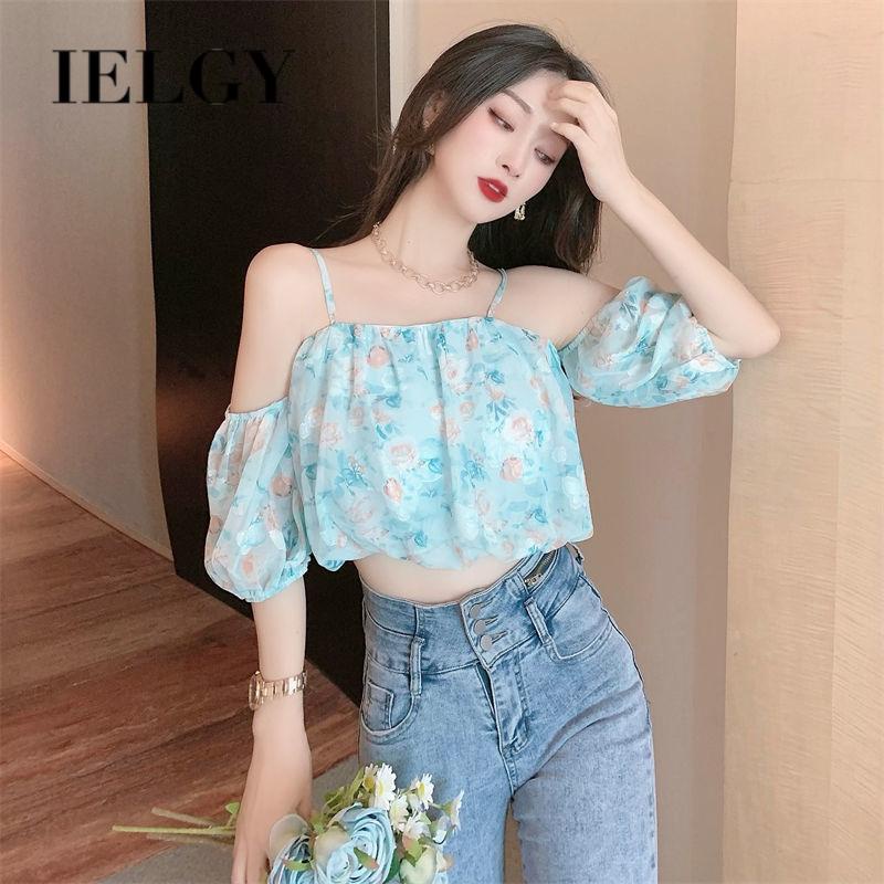 IELGY   Áo Sơ Mi Mỏng Tay Ngắn Phồng Phong Cách Pháp Cổ Điển Thời Trang Cho Nữ